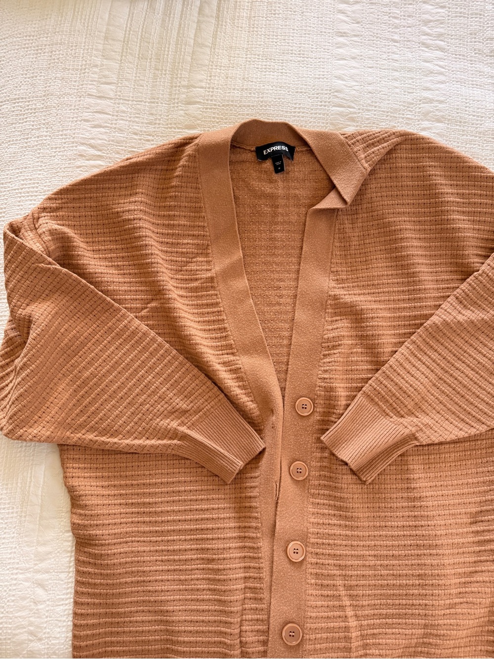 Express Button-Front Ribbed Cardigan — Camel Brown